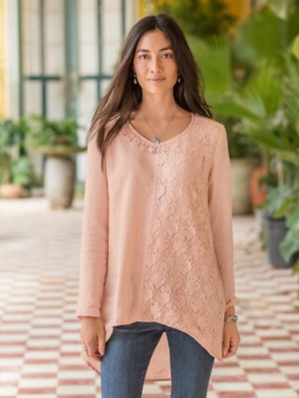 Sundance Women's Tenille Linen Tunic Top Size Large Lace Overlay Blush Pink